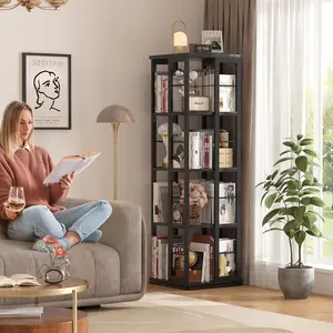 Rotating Bookshelf, Corner Bookshelf, 360 Display Wood Spinning Bookshelf, Floor Standing Bookcase Narrow Shelf,Bedroom, Study Room, Black Furniture Organization floating shelves