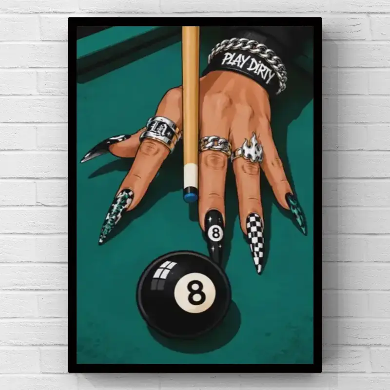 Fashion Hand 8-Ball Billiards Pool Table Pop Art Minimalist Artistic Hanging Artwork, 2D Flat Print Canvas Wall Art Poster , Wall Decoration home decor, Trendy Bar Wall Decor for Game Room, Bedroom Aesthetic Home Wall Decor