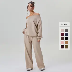 Women's Basic Solid Color Sloping Shoulder Long Sleeve Top & Wide Leg Trousers Co-ord, Cozy Scoop Neck Loose Womenswear, Comfort Basic Clothing for Lady