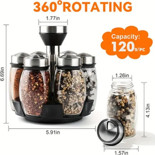 360° Rotatable Single Layer Modern Spice Rack Organizer Set, BPA-Free Countertop Revolving Canister Storage Carousel with 6 Glass Jars, Seasoning Spoons, Spray Bottle & Auto-Closing Lids, Kitchen Utensils Holder Home Supply