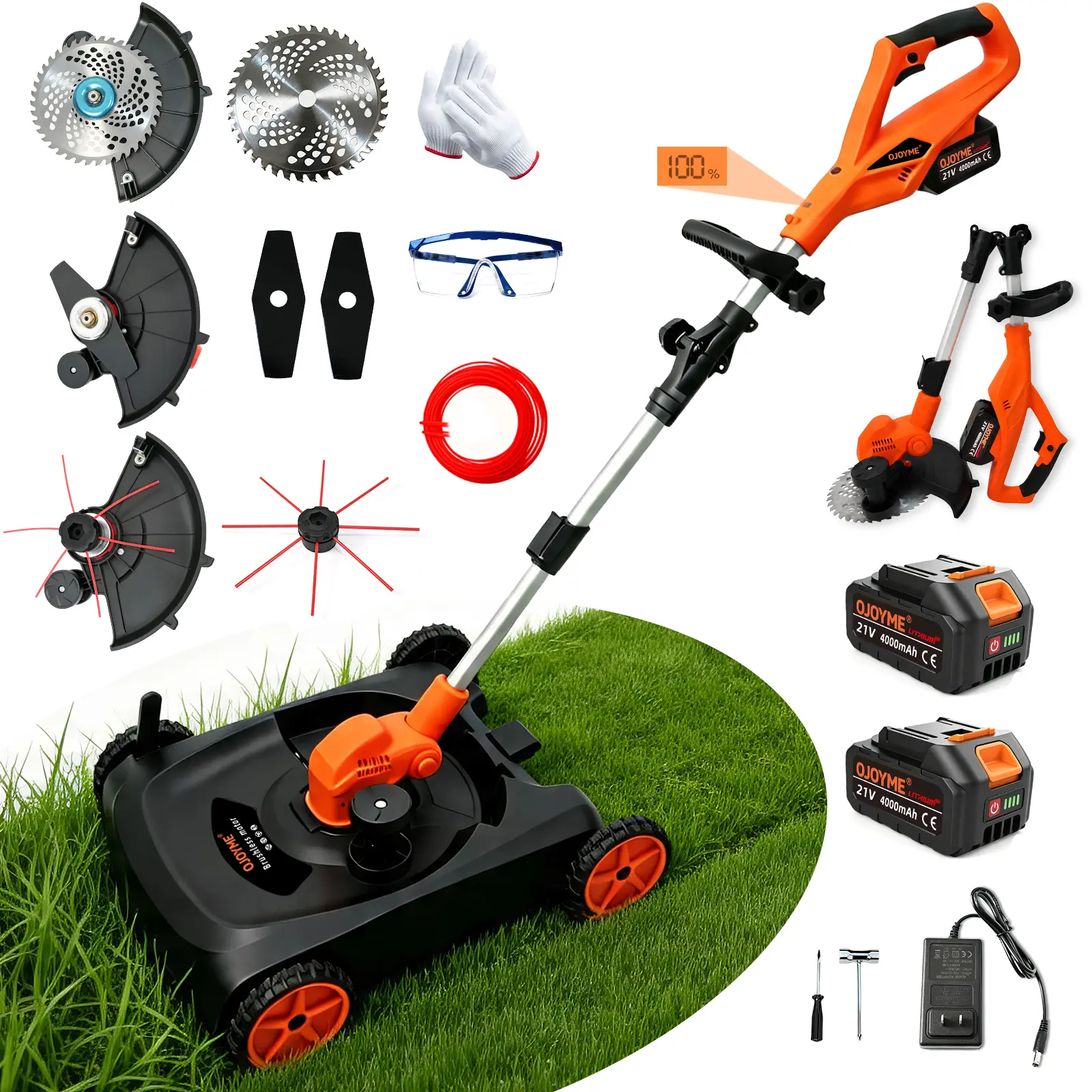 OJOYME 21V Lithium Ion Cordless Lawn Mower - 3-in-1 Compact Efficient Brushless Motor Tool with Wheels for Maneuverability, 2 Batteries, Handheld Grass Trimmer Function for Homeowners’ Small-Medium Courtyards