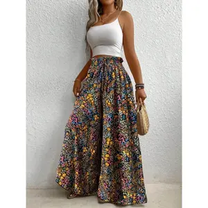 Women'S Floral Print Wide-Leg Pants - High-Waisted, Loose Fit, Vibrant Yellow, Blue, Pink & Green Floral Design, Perfect for Spring & Fall, Casual to Stylish Outfits, High Waisted Pants Fabric Womenswear
