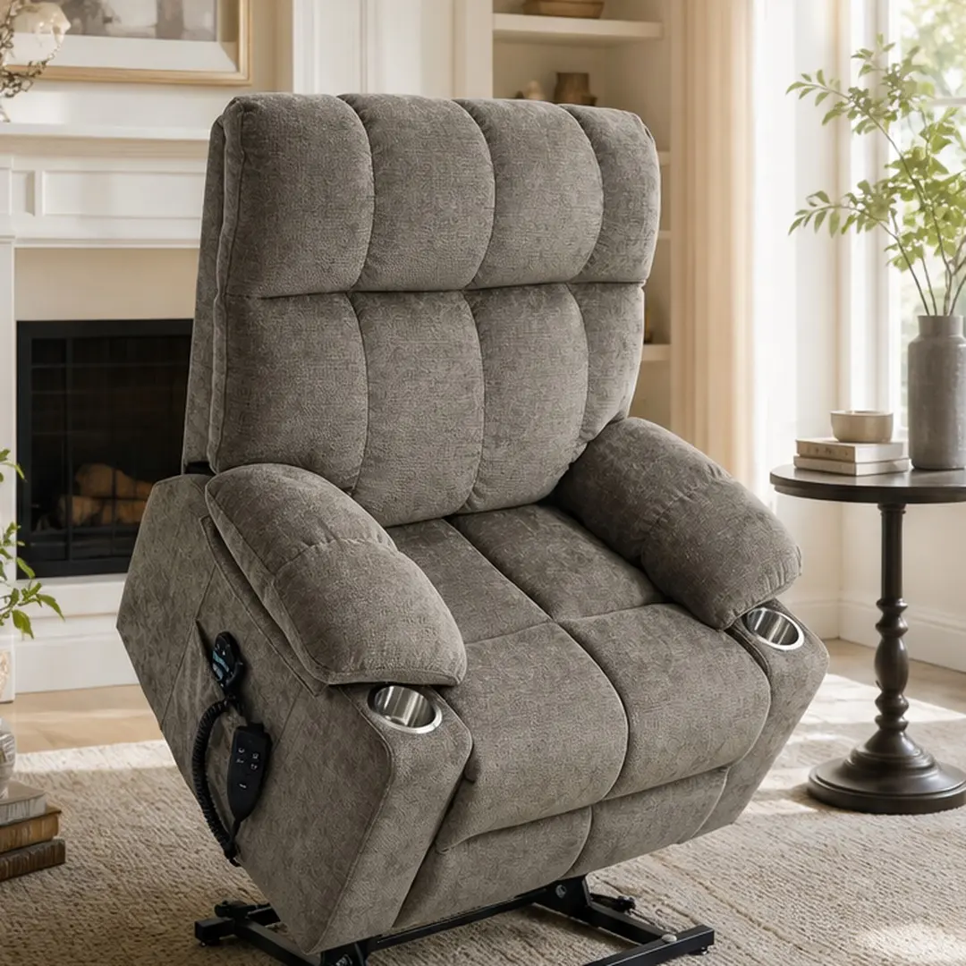ARCH Brown Chenille Adjustable Heavy-Duty Power Lift Recliner Chair - Dual Motor, Infinite Position, 350LBS Capacity, 8-Point Vibration Massage, Lumbar Heating, Dual Cup Holders, Side Pockets for Living Room, Metal & Wood Material, Adjustable Heavy-Duty R