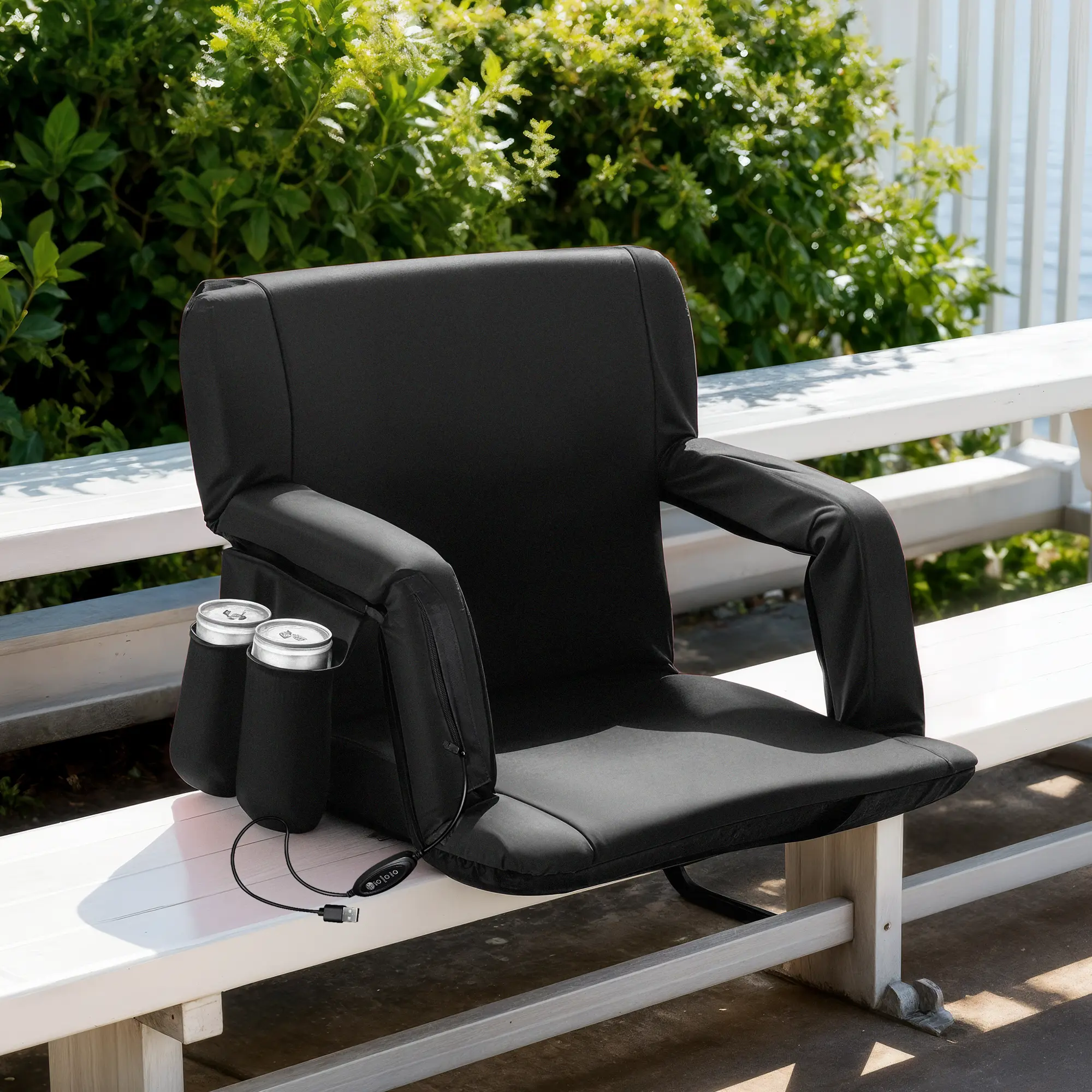 Zeny Heated Stadium Seat, 25" Wide Foldable Bleacher Chair with Steel Frame, 6 Reclining Positions, Armrests, Cup Holders & Storage Pockets, Lightweight, Compact, Phone Pocket, Sports, Outdoor, Beach, Heat Control, Outdoor Events, Thermal, Adjustable Stra