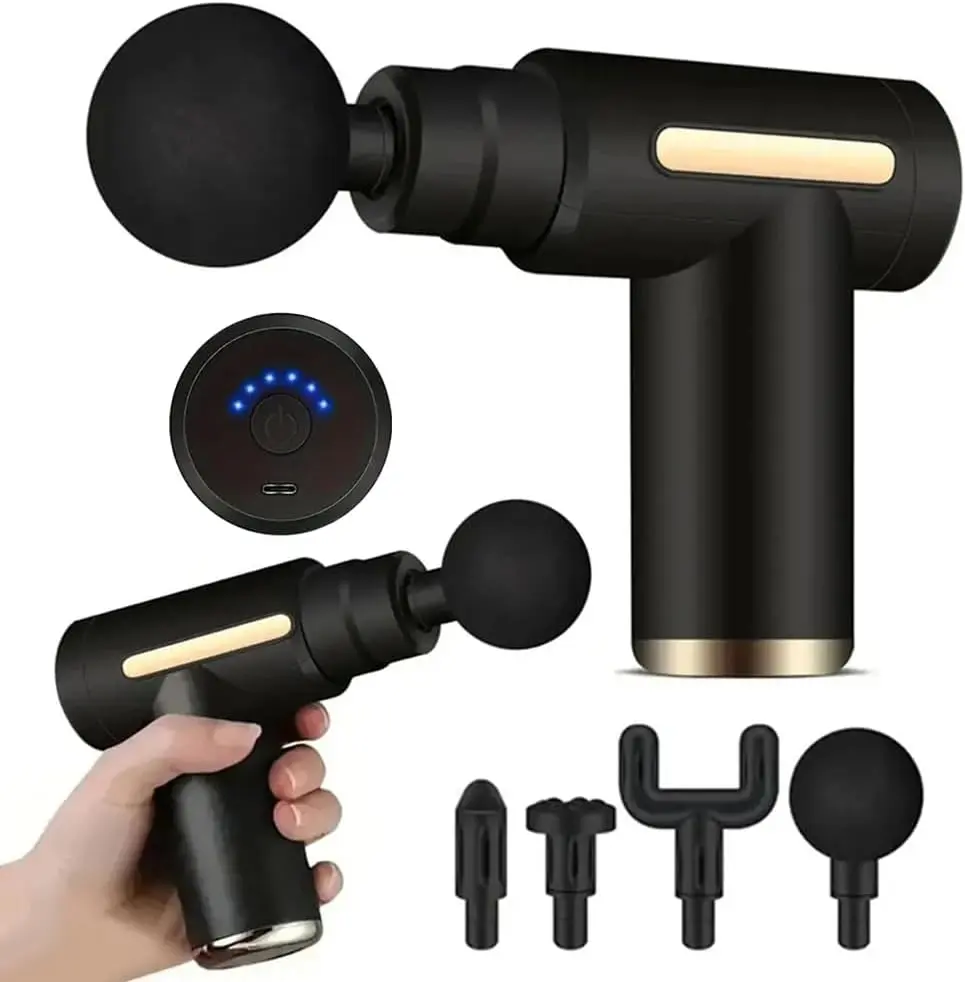 Mini Handheld Massage Gun Deep Tissue Muscle Massager with 6 Speeds 4 Heads Type-C Charging Family Mini Fascia Gun