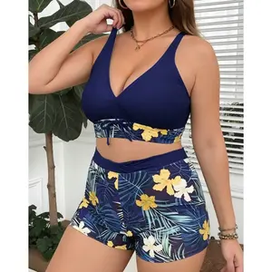 2026 Plus Size Bikini Set Swimsuit Women Separate Color Print Tankini Large Swimwear,High-Waisted Square-Cut Tankini Set with Solid Color Patchwork Print Beach Fashion Female Swimming Suit Beachwear
