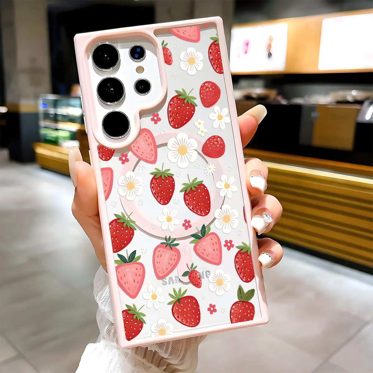 Strawberry Daisy Pattern Clear Magnetic Phone Case, Compatible with MagSafe Silicone Bumper Protective Cover For Samsung S26 S25 S24 S23 S22 Ultra Plus FE Cute Flower Girly