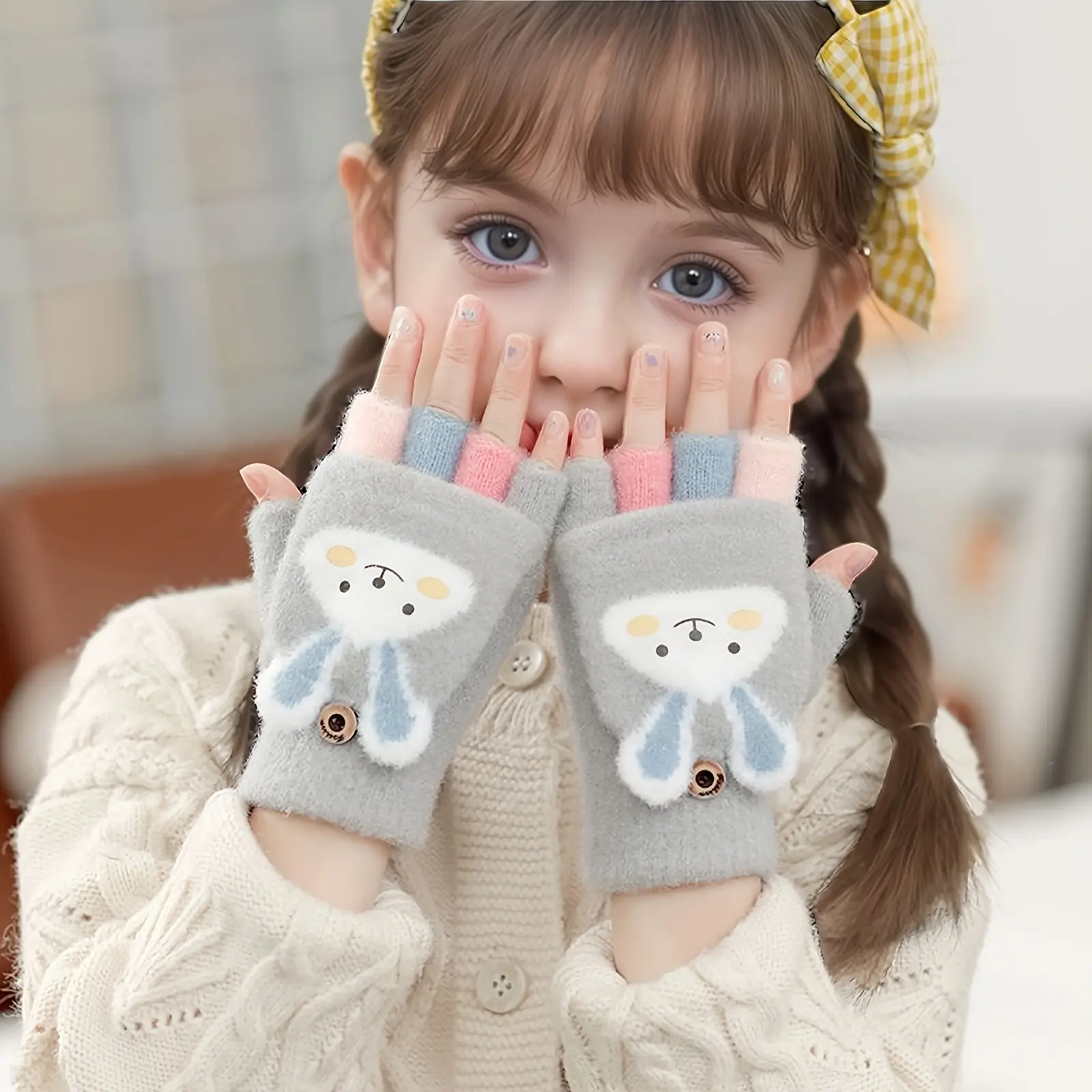 Red Face Bunny Gloves-Gray
