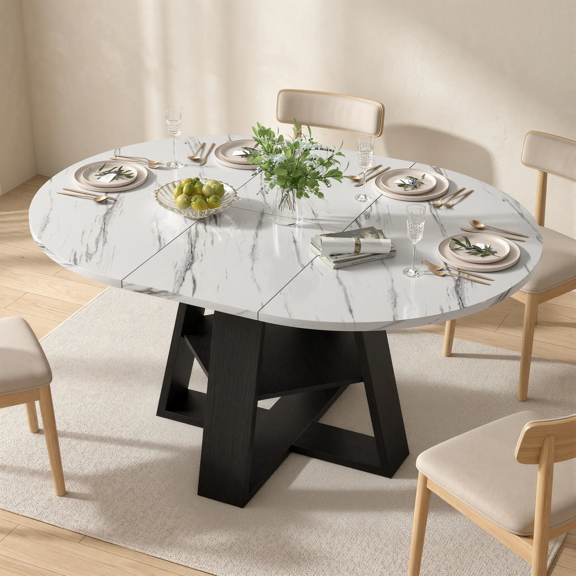 43.3‑59 in Extendable Oval Dining Table for 4‑6, Engineered Wood Round Dining Table with Hidden Extension Storage & Bottom Shelf, Space‑Saving Modern Kitchen Living Room Tables (Walnut)