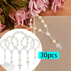 30 Packs Mini Rosaries Baptism Rosary Beads Acrylic Ivory Color Finger Baptism Rosaries Faux Pearls with Organza Bags for Car Christening Weddings Party Favors summervibes