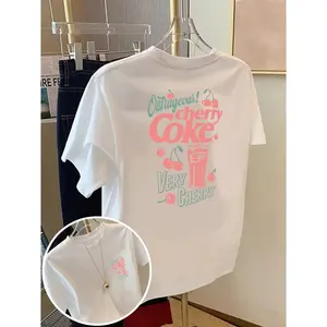 Women's Cotton Short-Sleeve Graphic Tee - Cute Cherry Soda Print, Soft Crewneck, Vintage-Inspired Casual Summer Streetwear Top for Daily Outfits