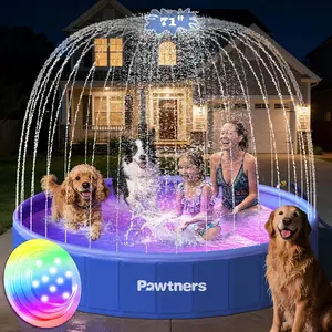 Pawtners 71-Inch Foldable Portable Swimming Pool - No Inflation, Scratch-Resistant, Durable, Non-Toxic, Water Spray, RGB LED Lights, Quick-Drain System for Dogs, Cats, Kids
