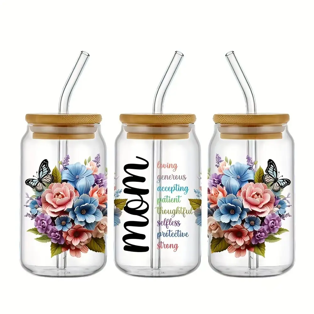4 Sheets Mom Floral UV DTF Cup Transfer Stickers Watercolor Flower Butterfly MOM Quote Decals for Glass Can Tumbler DIY Craft Sticker Gift for Mom Mother's Day Birthday Christmas
