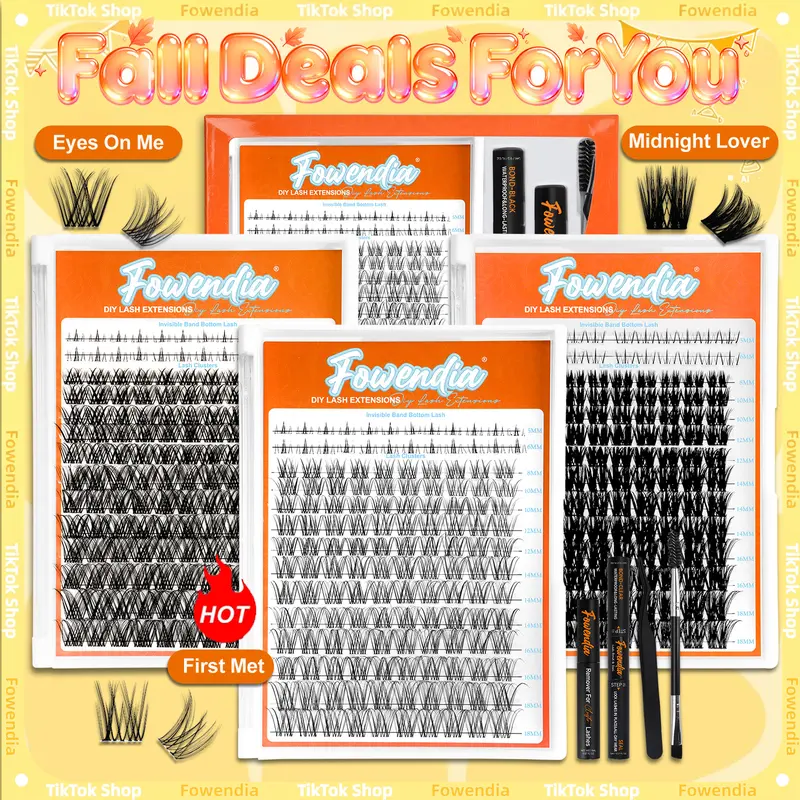Fowendia DIY False Eyelash Extension Kit - C/D Curl Eyelash Extensions, 8-18mm Ultra-Thin Transparent Band Cluster Lashes with Featherlight Lashed Doll Eye Effect, Includes Bond, Seal, Remover for Universal Makeup Use