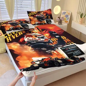 Racing Champion Themed Fitted Sheet Set & 2 Pillowcases, Orange Flame Color, Champion, Racing Car & Classic Radio Quotes Design, Comfortable and Easy Care, Fast and Furious Bedroom Decor, Gift Choice