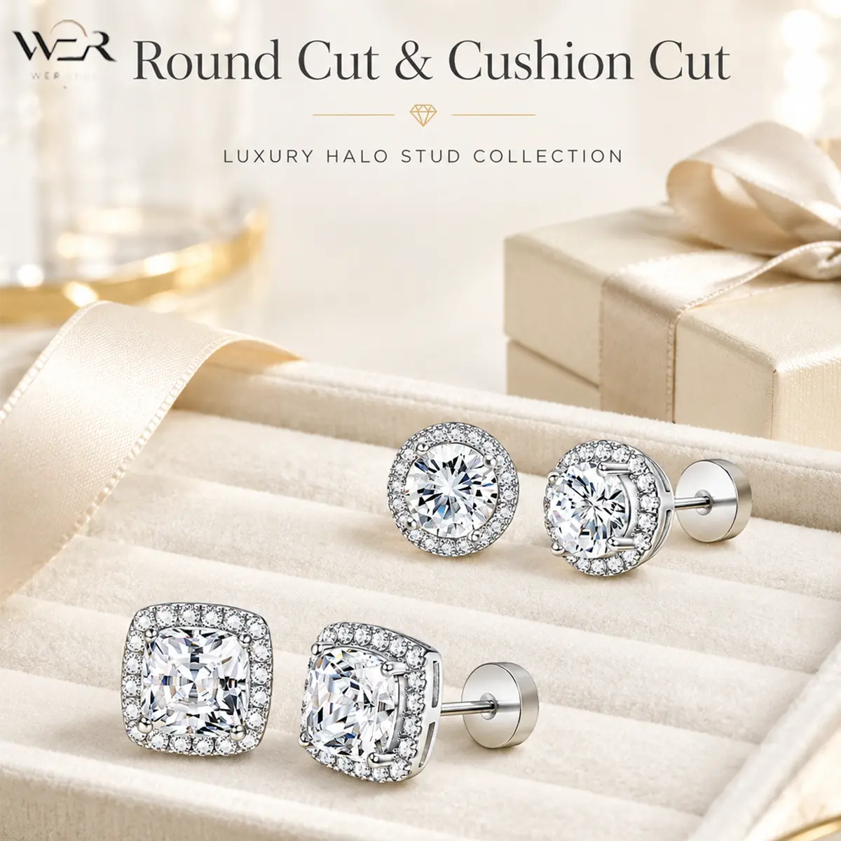 Women's Fashion Luxury Halo Stud Earrings - Sparkling Artificial Diamond, Lightweight Round/Cushion Cut Shapes, Secure Fit, Everyday Elegant Gift for Women, Cubic Zirconia, Artificial Diamond Earrings, Cut Earrings