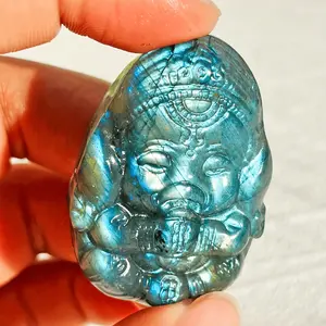 1pc Hand-Polished Natural Labradorite Ganesha Statue, Dual-Sided Blue Moonstone Reflection, Bohemian Home Decor & Jewelry Making Gift
