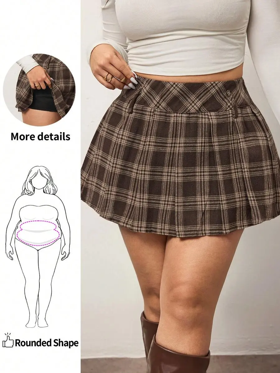 Plus Size Brown Plaid Music Festival Mini Skirt Plaid Skirt, Back To School, For Apple & Rounded Body Shape
