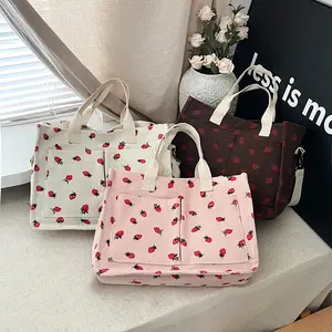 Cute Strawberry Print Canvas Tote Bag, Large Aesthetic Shoulder Bag, Trendy Everyday Bag for Shopping Travel Daily Commute