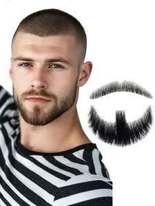 Men‘s Self Adhesive Fake Mustache, Novelty, Invisible Base False Facial Hair, Costume Accessory for Adults, Black or Brown Lustrous Color