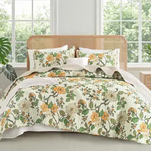 【Back to School】Exclusivo Mezcla Floral Quilt Set Twin/Queen/King/Cal King Size, Cottagecore Garden/Botanical Pattern Reversible Lightweight Bedspreads Coverlets for All Seasons.
