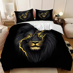 Bedding Set - 3pcs Black with Yellow Lightning and Black Lion Design Down Comforter Set (1 comforter cover + 2 pillowcases, filling not included) A perfect gift for family and friends, soft and comfortable, suitable for family bedrooms and guest rooms.