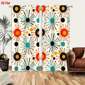 2D Flat  Mid-Century Modern Retro Curtain 2-Pack, Light Beige Background with Sunburst Patterns in Red-Orange Teal Black, Geometric 1950s 60s Style Symmetrical Curtains for Living Room Bedroom, Home Decoration Curtain