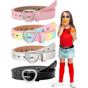 P-BLT02    4 Pcs Girls Belt Size 6-12 Kids PU Leather Waist Belt Hollow Heart Design Metal Buckle for Girl Dress Pants Jeans