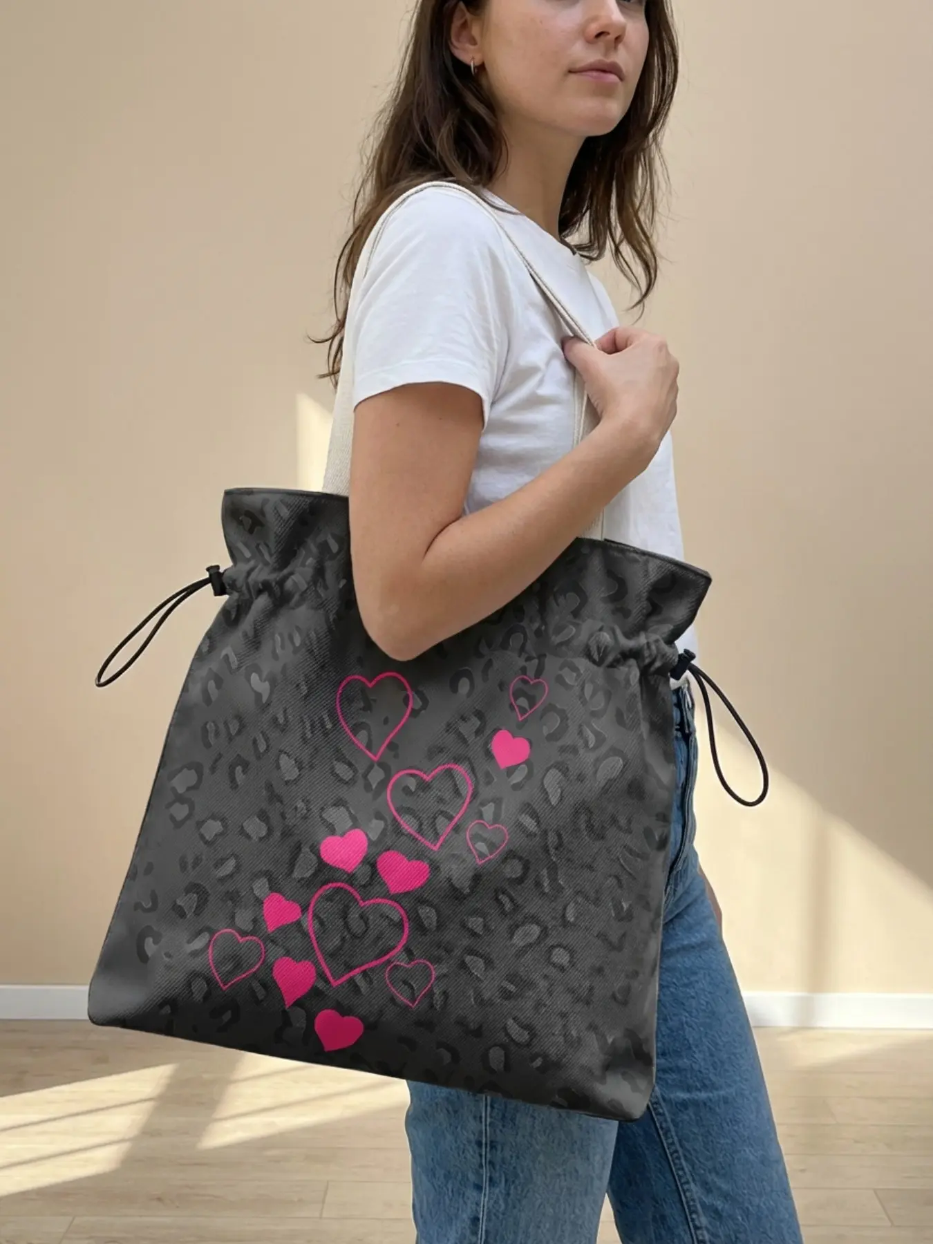 Heart Pattern 2D Print Drawstring Tote Bag, Patterned Bag, Handbag Tote Bag, Casual Handbags, Large Capacity Durable Shopping Bag for Work, Outing & Picnic, Casual Style