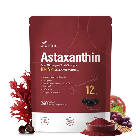 SummerVibes Astaxanthin Capsules Skin Support - Dietary Supplement with 12mg Natural Astaxanthin, Haematococcus Pluvialis, Grape Seed & Tomato Extract, L-Tyrosine, Vitamin E, Copper - 240 Capsules