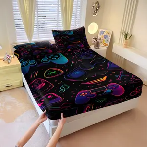 Neon Gaming Controller Fitted Sheet Set,Cyberpunk Gamer Bed Sheet Set with 1 Fitted Sheet & 2 Pillowcases,Soft Breathable Microfiber Bedding,Stretchy Deep Pocket Design,Graffiti Style Game Print,Ideal for Teens & Gamers Bedroom Decor