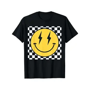 [100% Cotton] Tee With Smiley Face, Lightning Bolts & Checkered Pattern: Edgy Retro Design T-Shirt For Men And Women