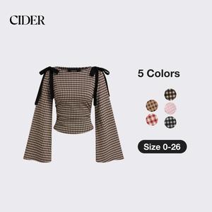 Cider Boat Neck Gingham Bowknot Ruched Long Sleeve Top Dealsforyou