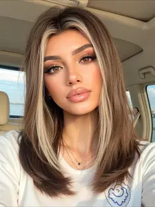 18-Inch Gold Highlights Wig, Straight Synthetic Wigs, Natural Straight Fiber Hair, Heat-Resistant Material, Beginner-Friendly, All Seasons, Party Wig, Fashion Wig