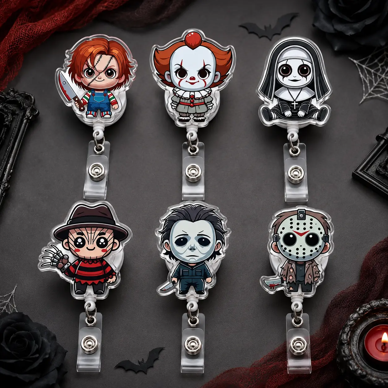 Alternative Style Chibi Evil Doll Slasher Badge Reel - Spooky Horror Character Retractable ID Clip