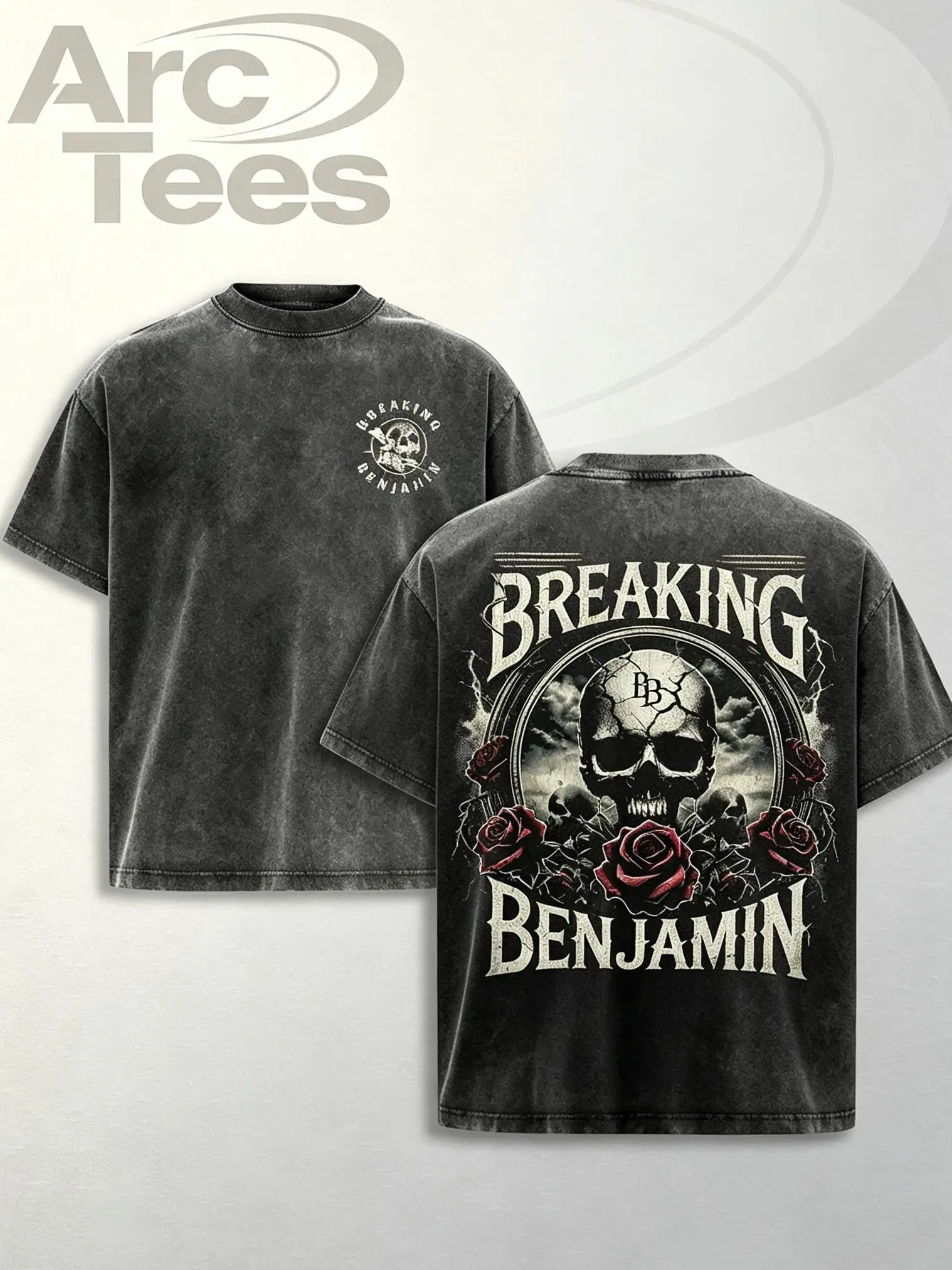 [ArcT] Breaking Benjamin Skull Roses Graphic Tee, Vintage Stone Wash Vintage Washed Acid Wash Oversized Heavyweight Cotton T-Shirt, Streetwear for Men, Band Merch Rock Tour Gift For Fan