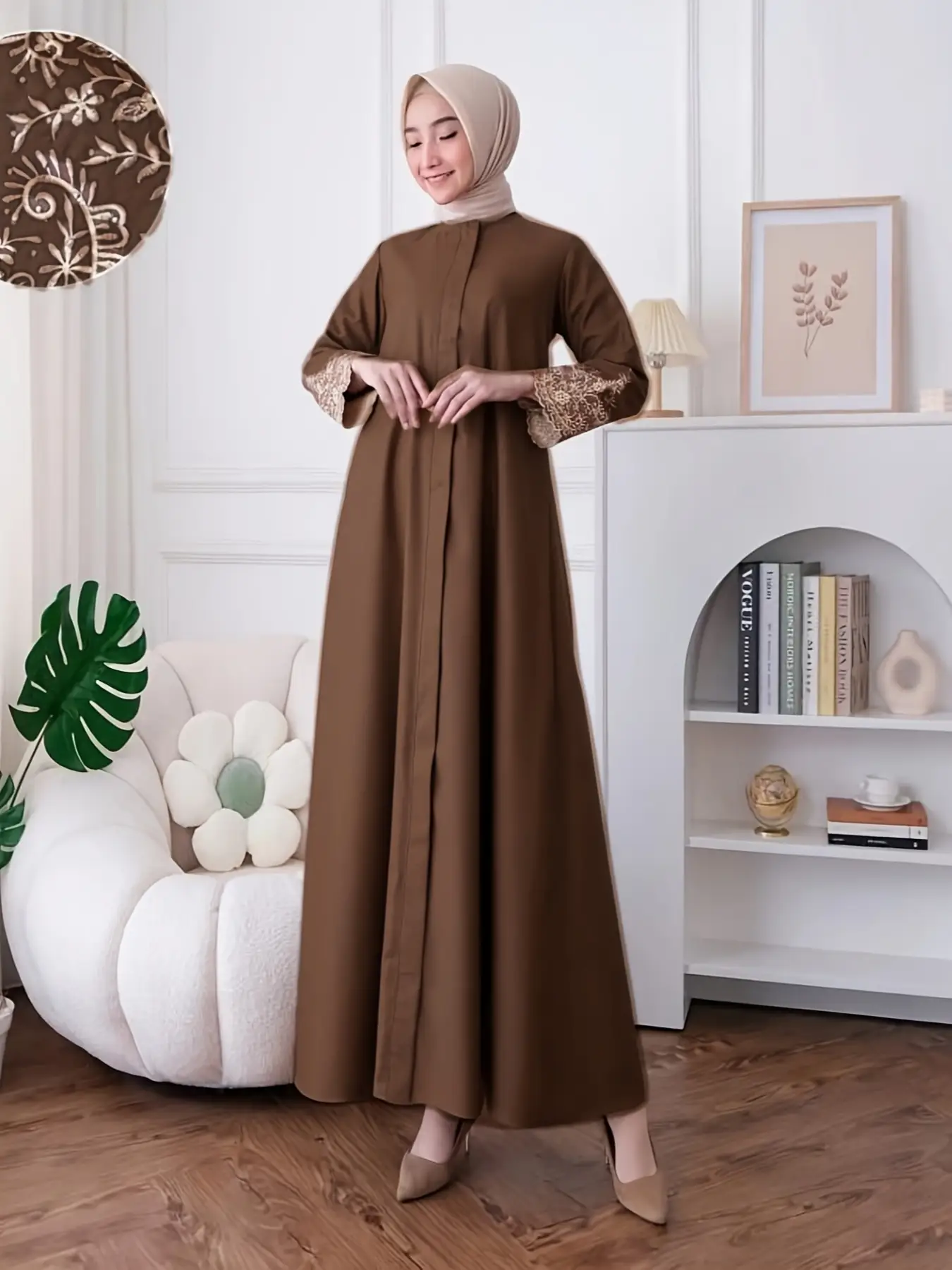 Elegant Women's Long Sleeve Floral Lace Abaya Dress, Modest Style Loose-Fit Woven Fabric, All Seasons Fashionable Clothing