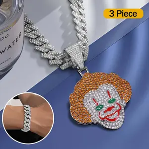 Hip Hop Popular Clown Pendant Necklace and Cuban Bracelet Set, Miami Cuban Chain, Street Rap Fashion Accessories, Perfect for Holiday Parties and Valentine's Day Gifts, Hip Hop Jewelry Cubanchain Crystal Set