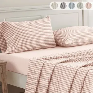 3/4 Pieces Sheet Set 100% Washed Cotton Gingham Bed Sheets  Linen Like Textured Breathable Durable Soft Comfy - 15" Deep Pocket  Stylish Home Decoration, Bed Sheets Set  Pocket  Cute Aesthetic  Fitted Flat Sheet Pillowcases