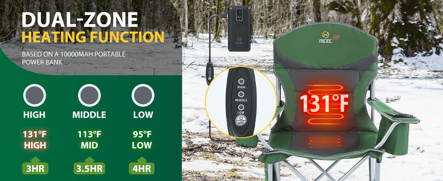 Nice C Heated Camping Chair with Battery, Heated Outdoor Sports Chair, Folding Chairs, with Cooler Bag, Cup Holder, Carry Bag, 10000 mAh Power Bank Included (Green&Grey 1-P)