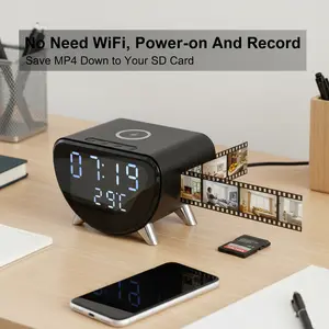 4K UHD WiFi6, Multifunctional 5-in-1: Wireless Charger, Clock, Alarm, Thermometer | Remote Live View, Local Recording Without Network | Home, Office, Hotel Use