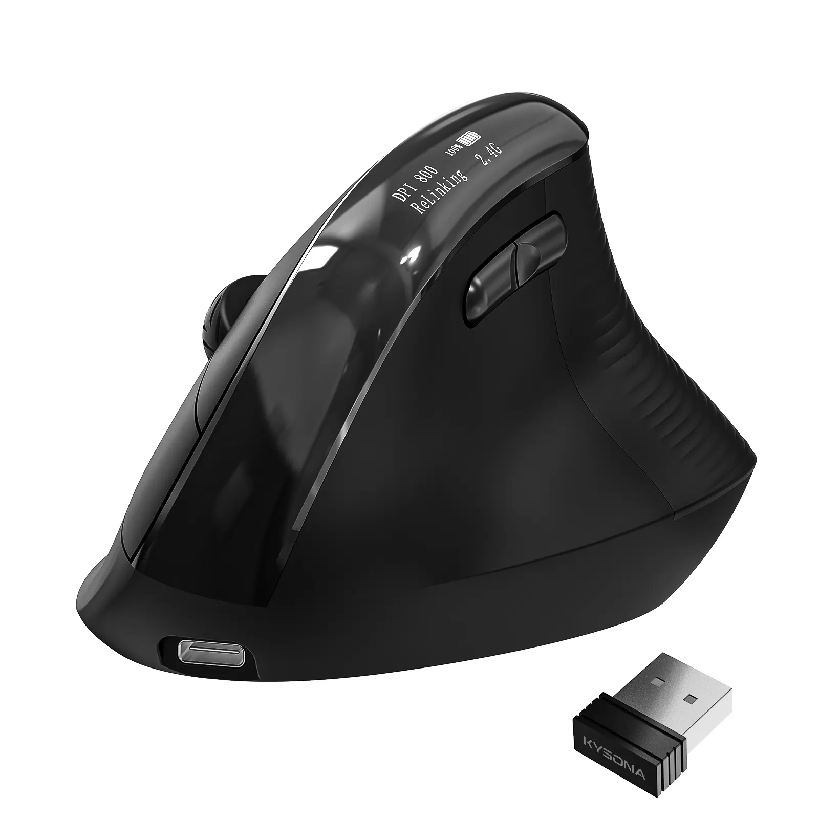 Kysona EM11 Pro Vertical Ergo Shape Wireless Bluetooth Mouse - 55° Handshake Design, OLED Screen, 5-Level 800-6400 Adjustable DPI, Multi Device Connect, Built In Rechargeable Li-Ion Battery, for Laptop PC, Black White