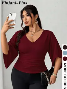 Plus Size Burgundy V Neck Ruched Top for Women, Flare Sleeve Slim Fit Casual Blouse