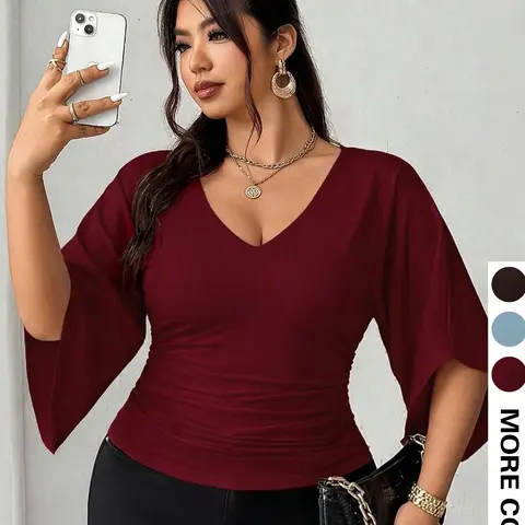 Plus Size Women V Neck Flare Sleeve Ruched Side Top, Slim Fit Stretch Tee, Curvy Casual Evening Out Fitted T-Shirt for Plus Size Women