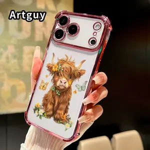 Protective Four Corners Plated Phone Case for iPhone 17 16 Pro Max 15 Plus 14 13 12 11 E Air Flower - adorned Highland calf Patterned Shockproof Transparent Soft Silicone Cover