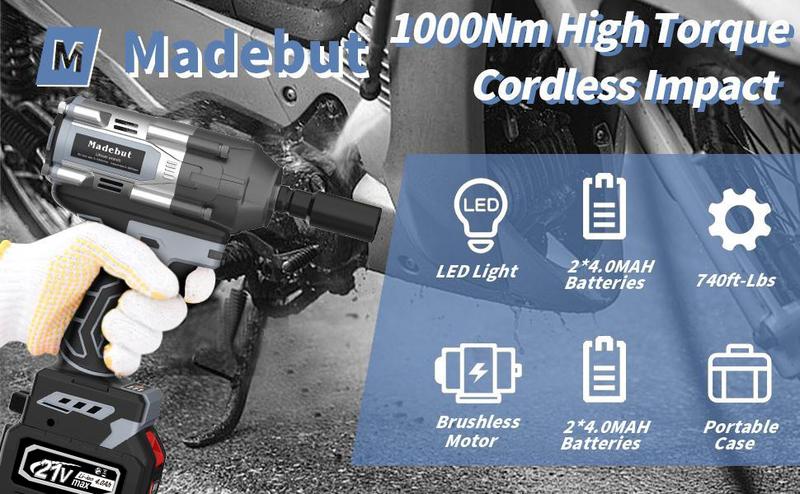 1000N.m Cordless Impact Wrench, All-Metal Cordless Impact Gun with 2 * 4.0Mah, 3-IN-1 Electric Impact Wrench with 5 Sleeves, High Torque 1/2 Impact Wrench,