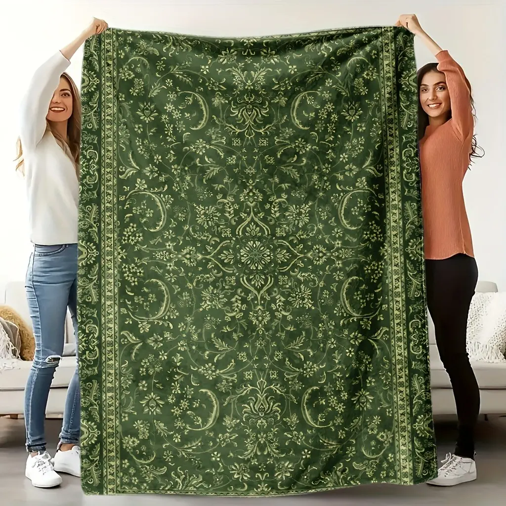 Dark Green Vintage Damask Floral Flannel Blanket - Soft, Cozy, Warm, Fuzzy Plush Throw with Antique Ornate Botanical Pattern - Ideal Gift for Classic Elegant Home Lovers, Farmhouse Bedroom Sofa Decor
