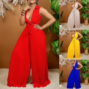 Summer Autumn Clothes V Neck Sleeveless Fold Jumpsuits Elegant Solid Color Wide Leg Rompers Fashion High Waisted Lace Up Party Lady Playsuits