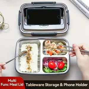 Leak-Proof Stainless Steel Lunch Box, Three Compartment Bento Container, Durable Easy Clean, Student and Office Use, Kitchen Essentials