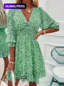 Women's French-Style Casual Ditsy Floral Print Shirred Ruffle-Hem Flounce-Sleeve Dress, Boho V-Neck A-Line Fitted Short Dress for Parties and Holidays, 2026 Women's Summer Clothes